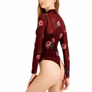 Red Floral Sheer Mesh Long Sleeve Mock Neck Bodysuit 